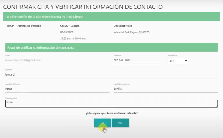 confirmar detalles de la cita cesco